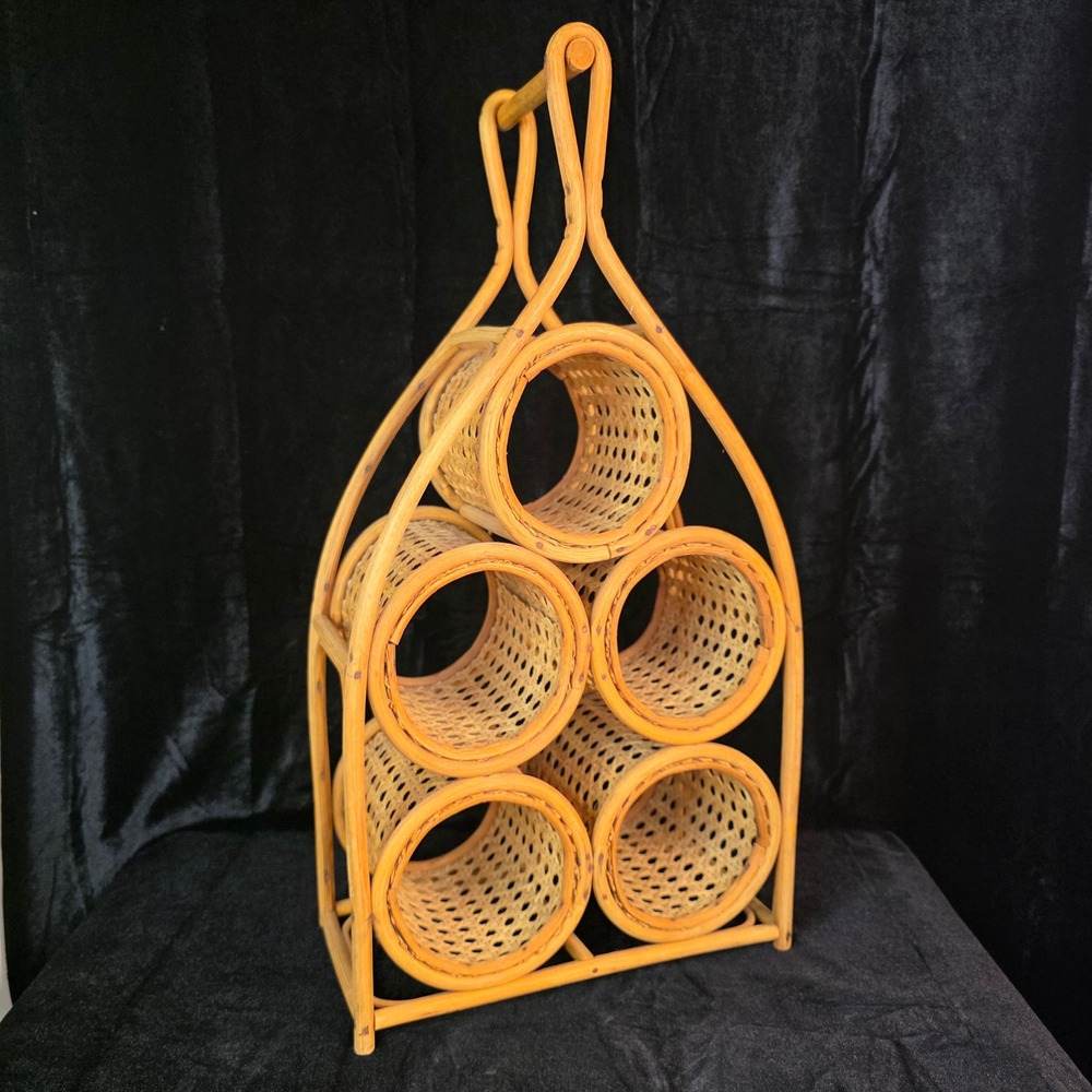 VTG Rattan Wicker 5 Bottle Wine Rack w/ Handle Boho Chic Decor